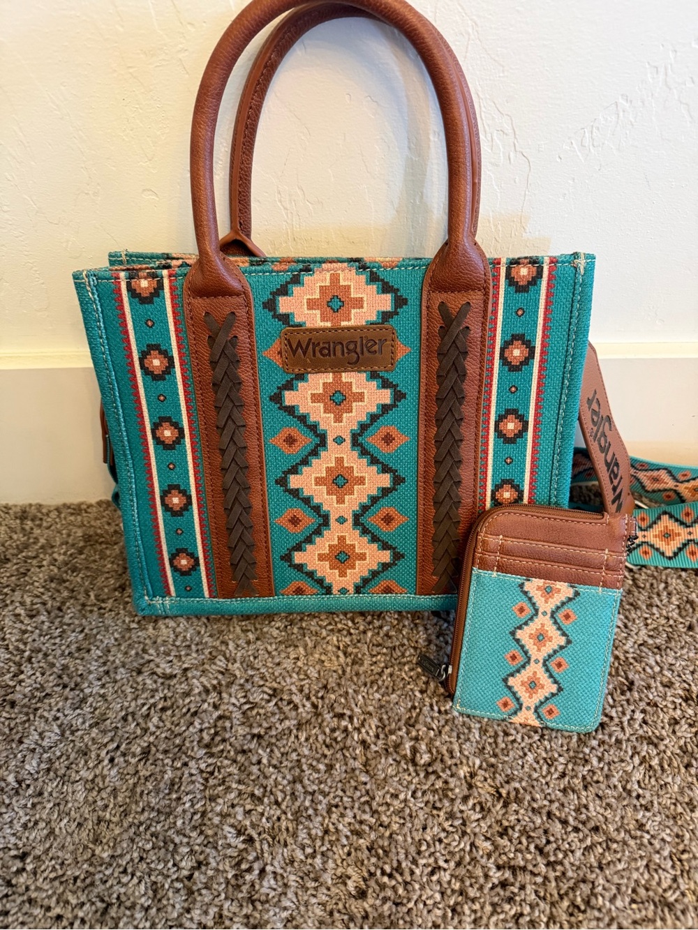 Wrangler Turquoise Aztec Tote with Brown Accents and Matching Card Wallet